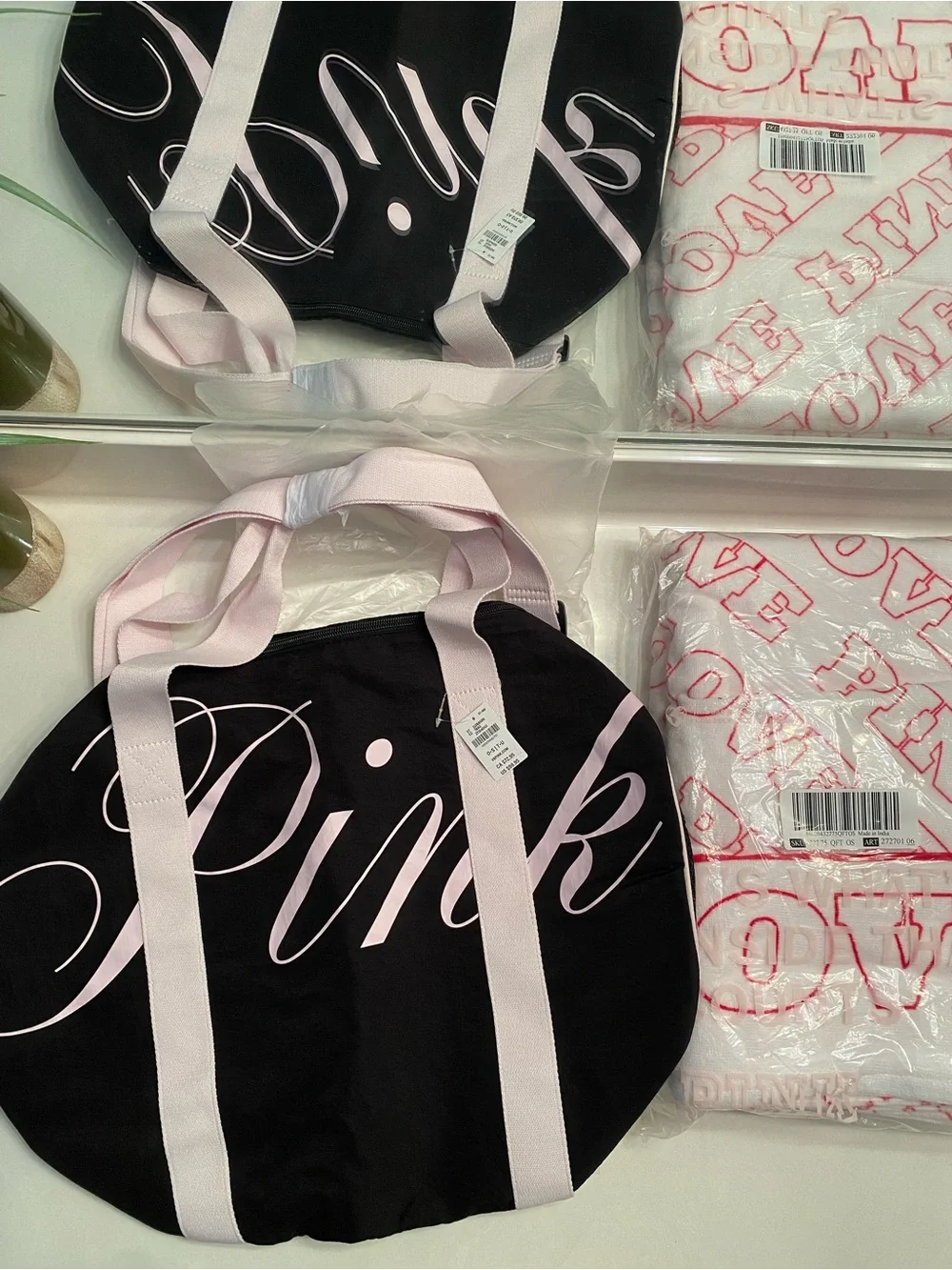 PINK Victoria's Secret Black and Light Pink Logo Duffle with Towel
